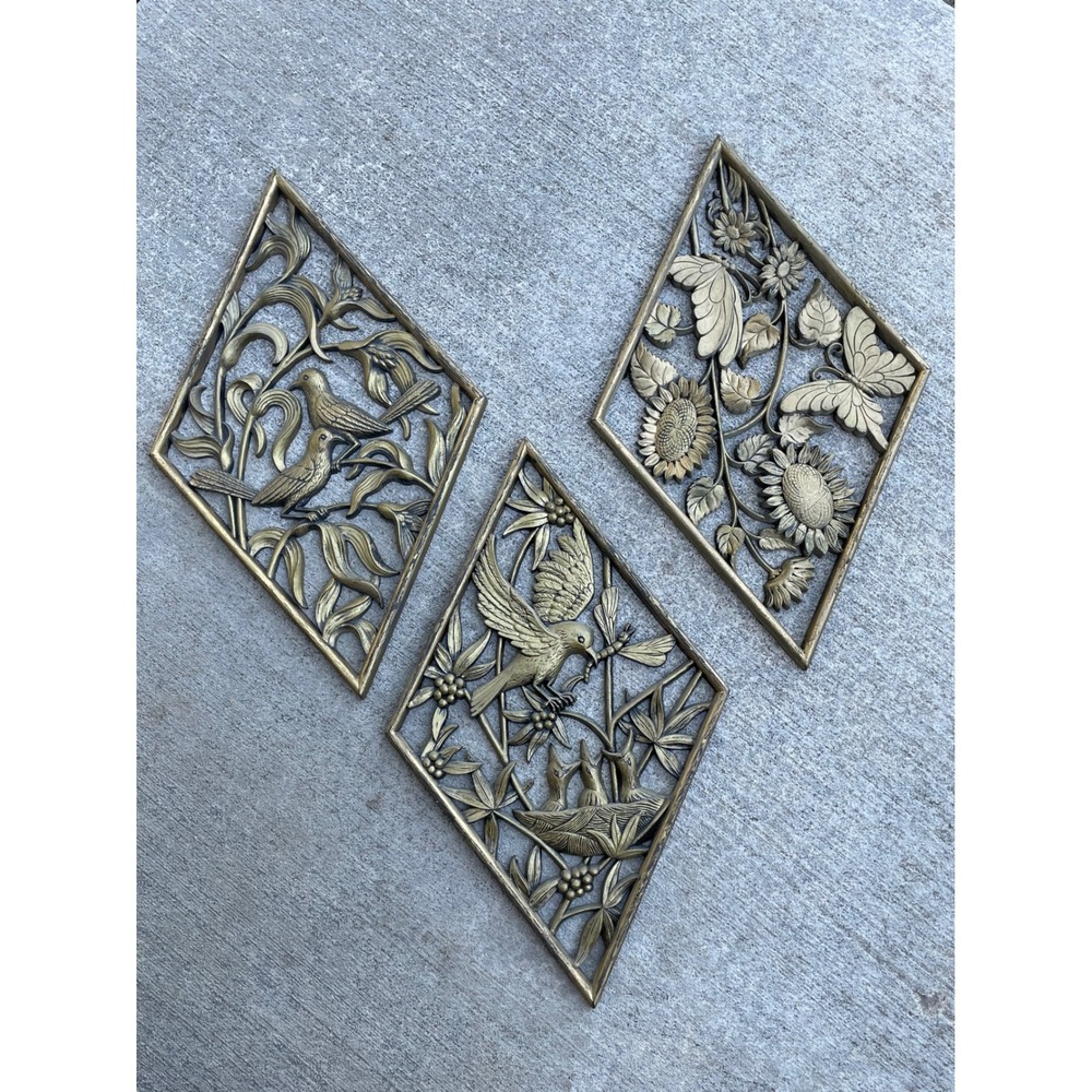 Vintage Syroco Style Gold Diamond Wall Plaques Set of 3 Birds Flowers Butterfly